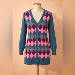 SUN68 Argyle Cardigan Women's Size 14‎ Cotton Cashmere Blend Button Sweater